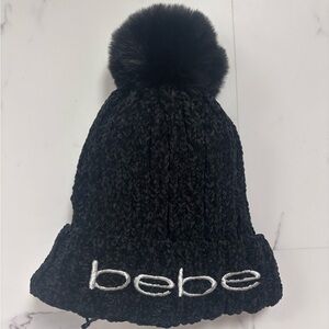 Bebe Black Knit Pom-Pom Beanie